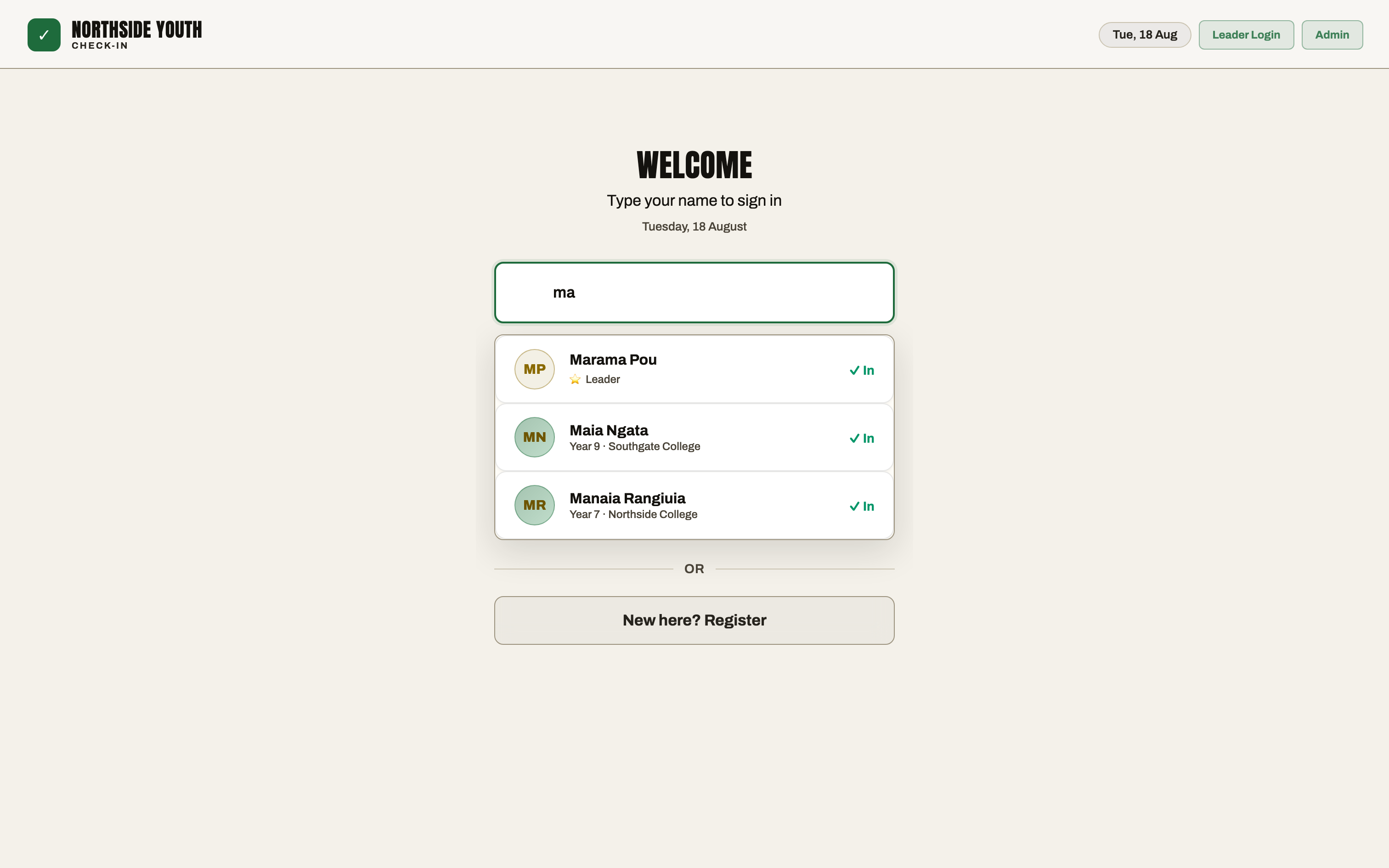 The RollCall check-in screen on a desktop: matching names appear as someone types