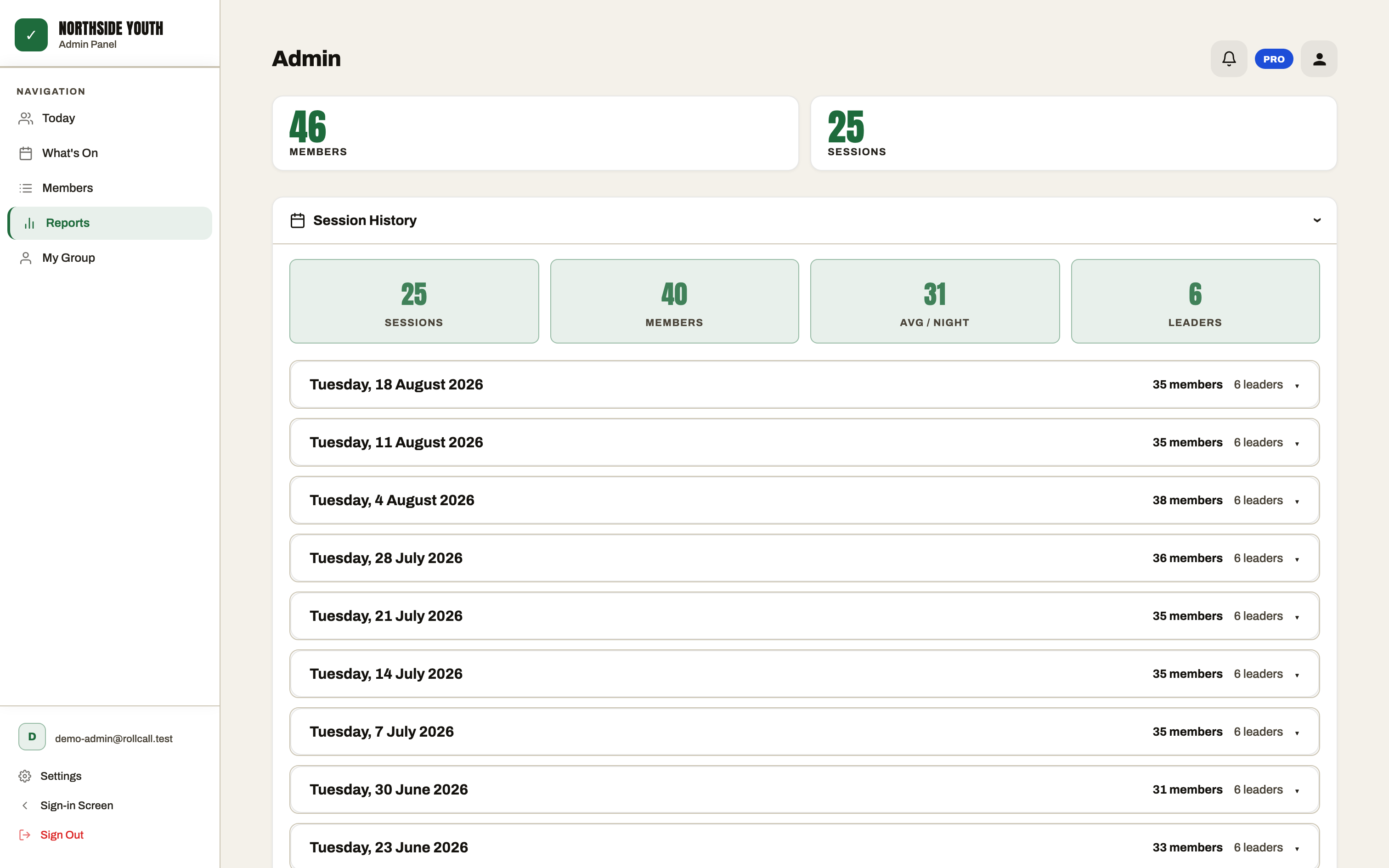RollCall session history showing totals and every past session with its attendance