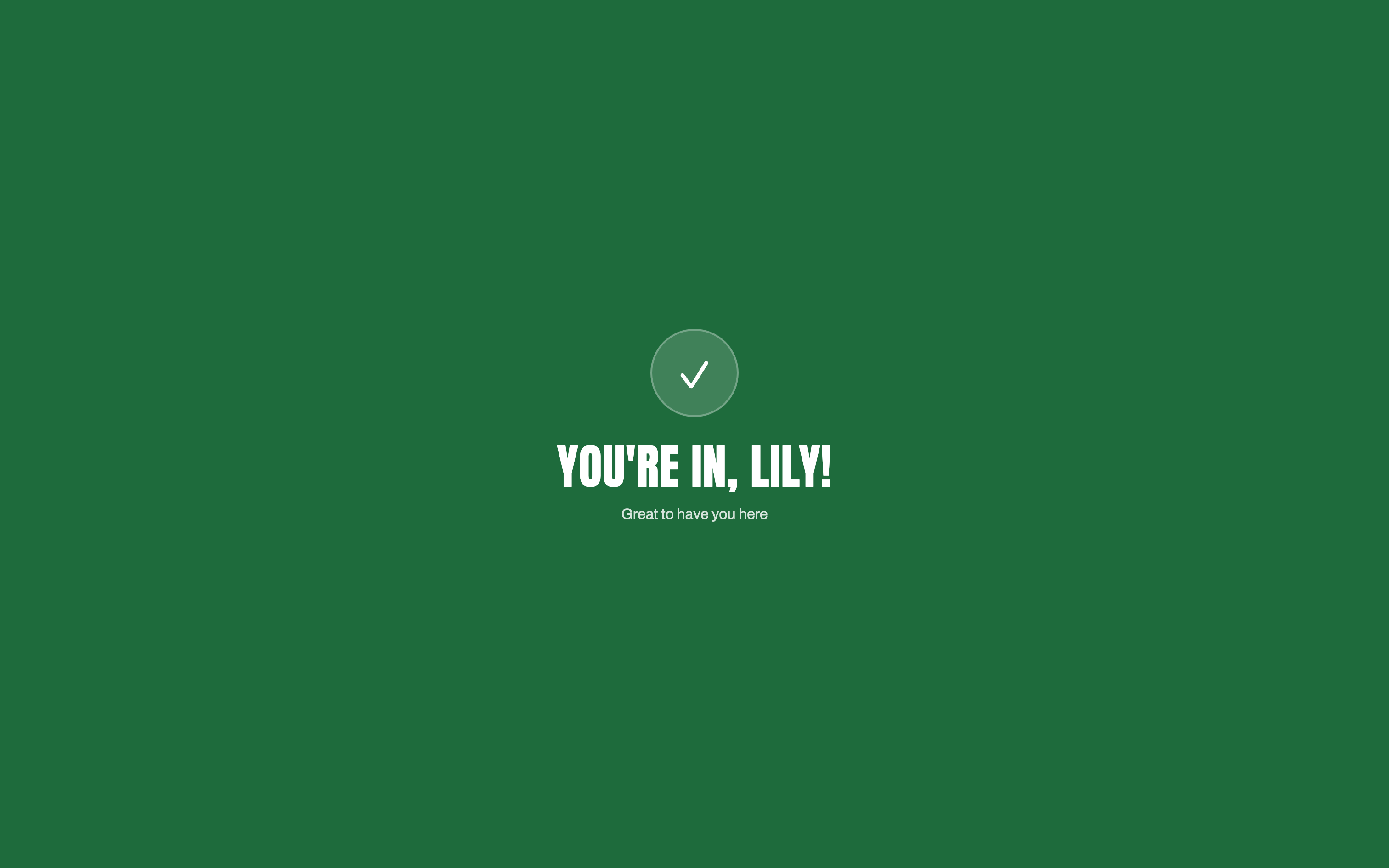 The fullscreen RollCall confirmation on a desktop: you're in, Lily!