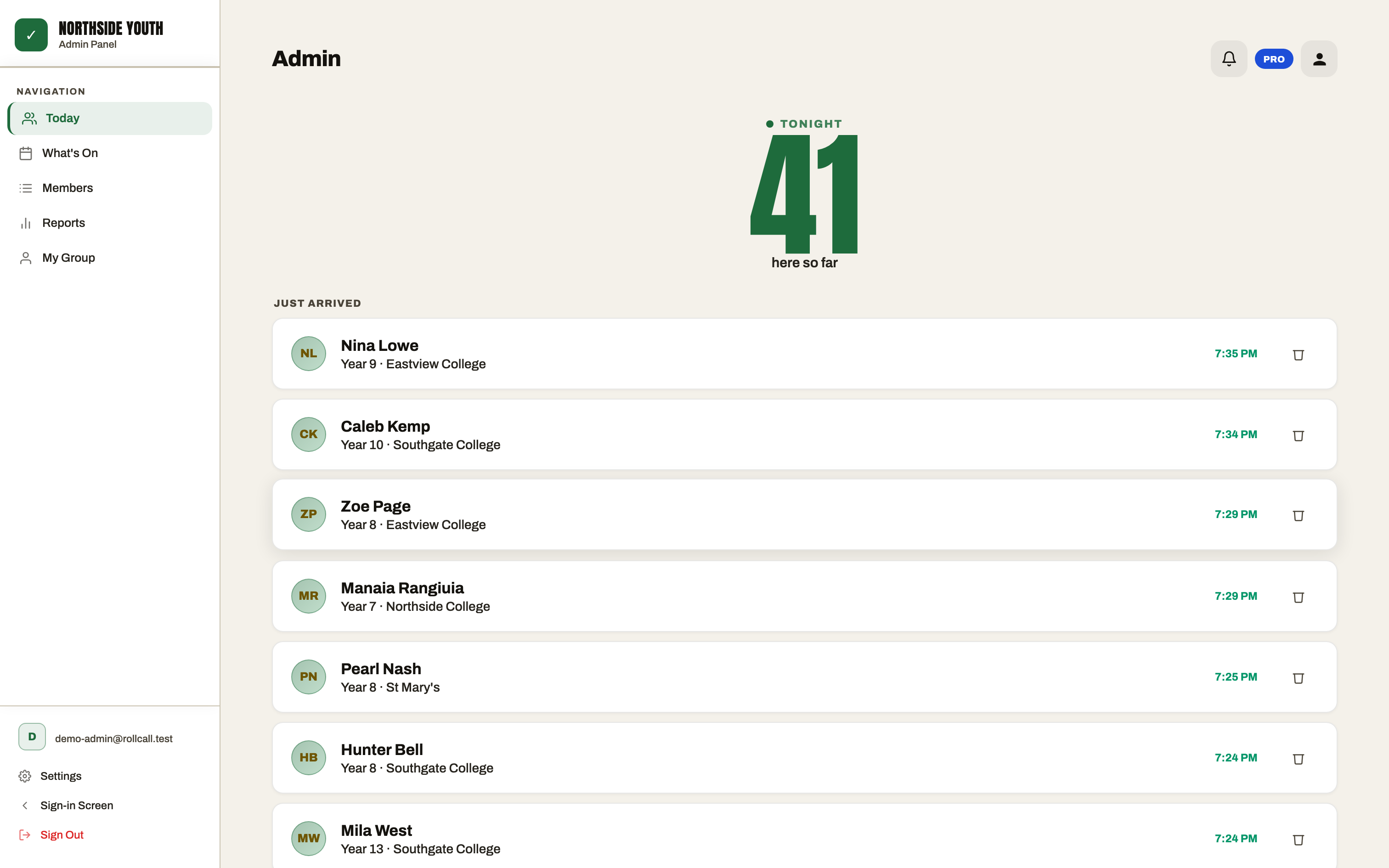 The RollCall leader dashboard: tonight's live count and who has just arrived