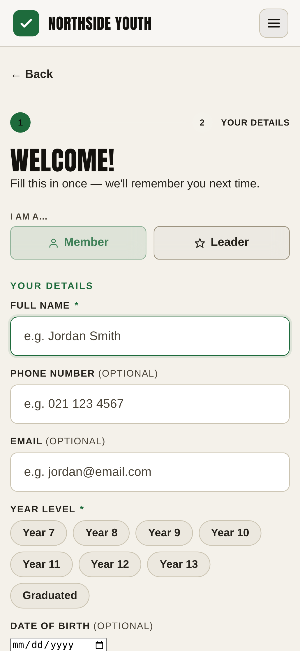 The RollCall new-member registration screen, filled in at the door