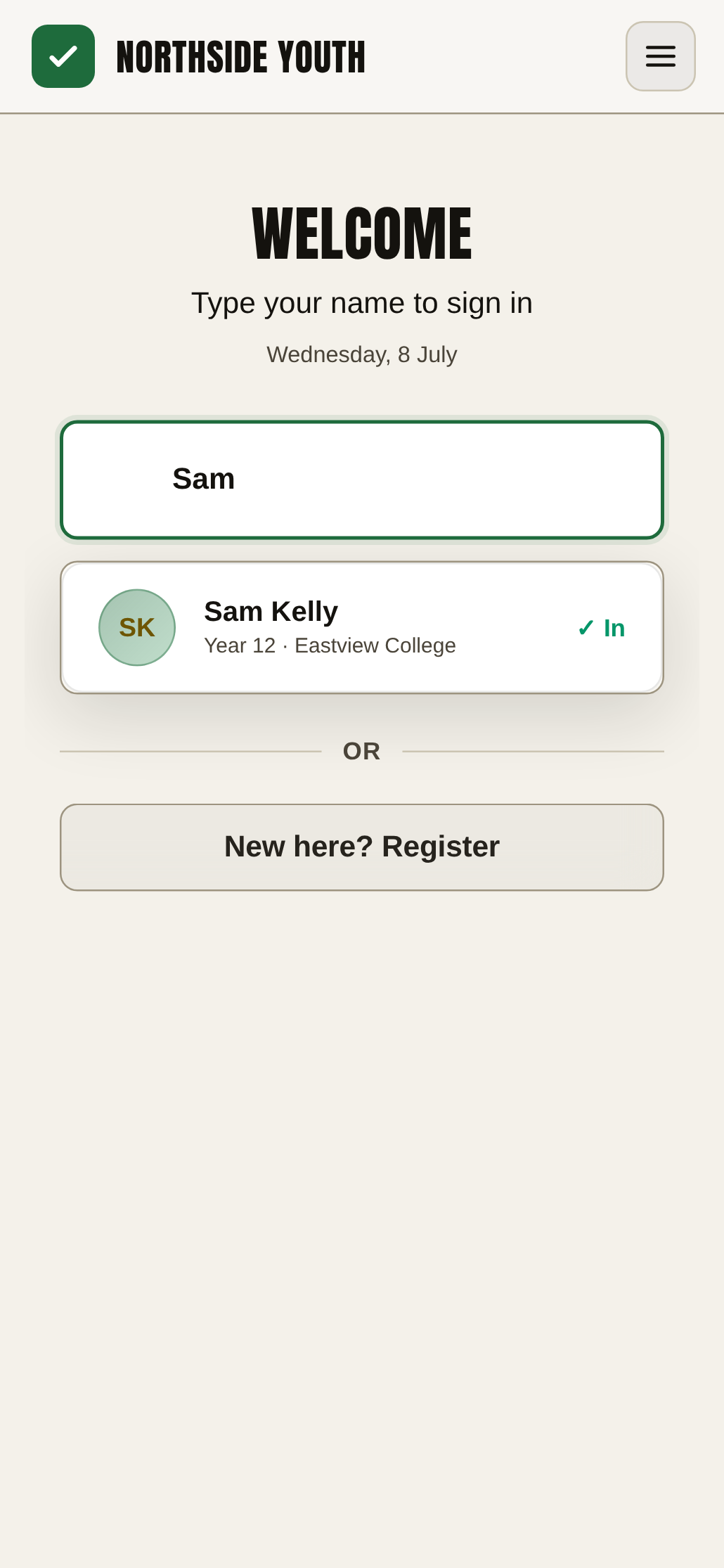 The RollCall check-in screen, with matching names appearing as a member types