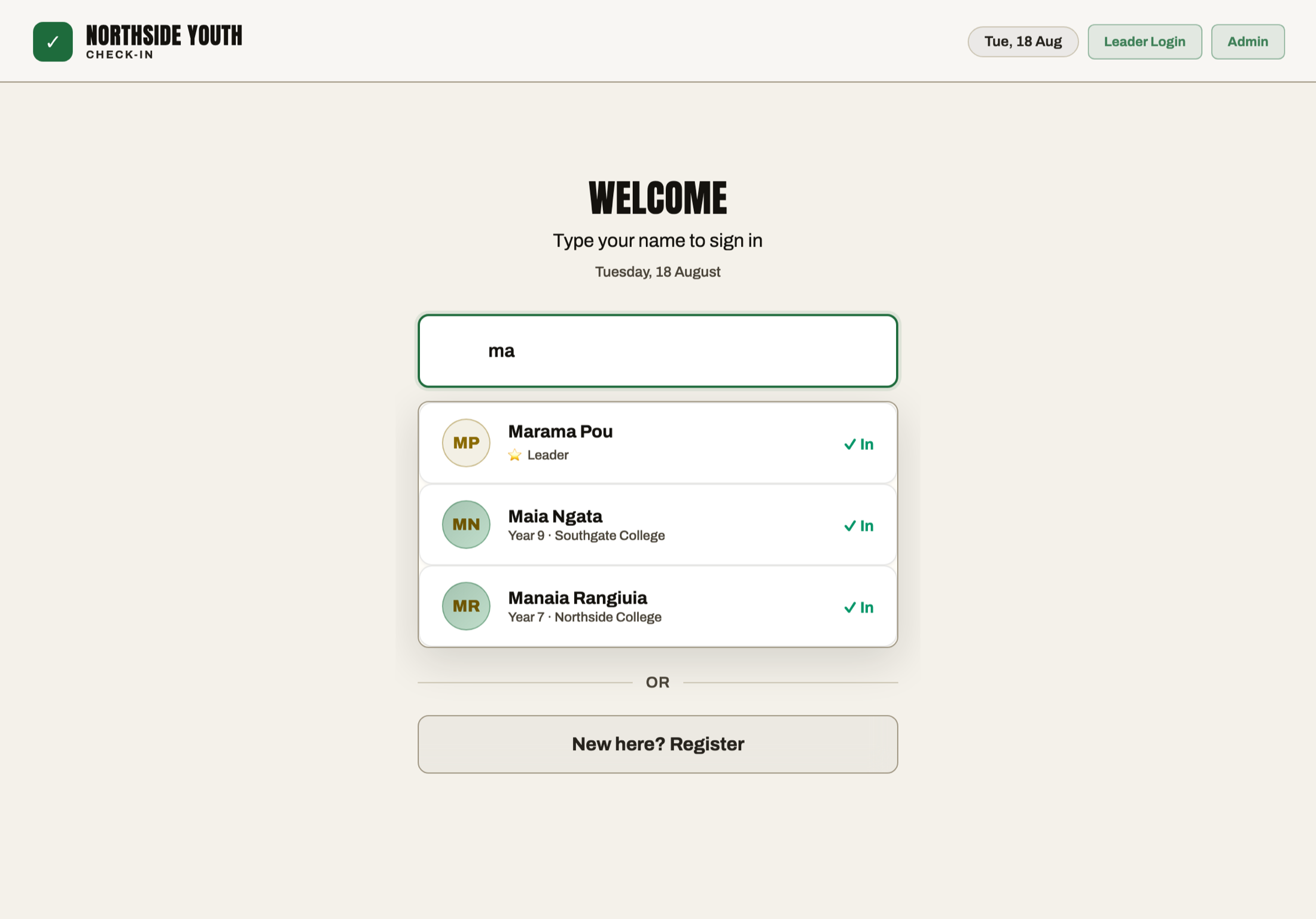 The RollCall kiosk screen on a tablet with matching names appearing as someone types